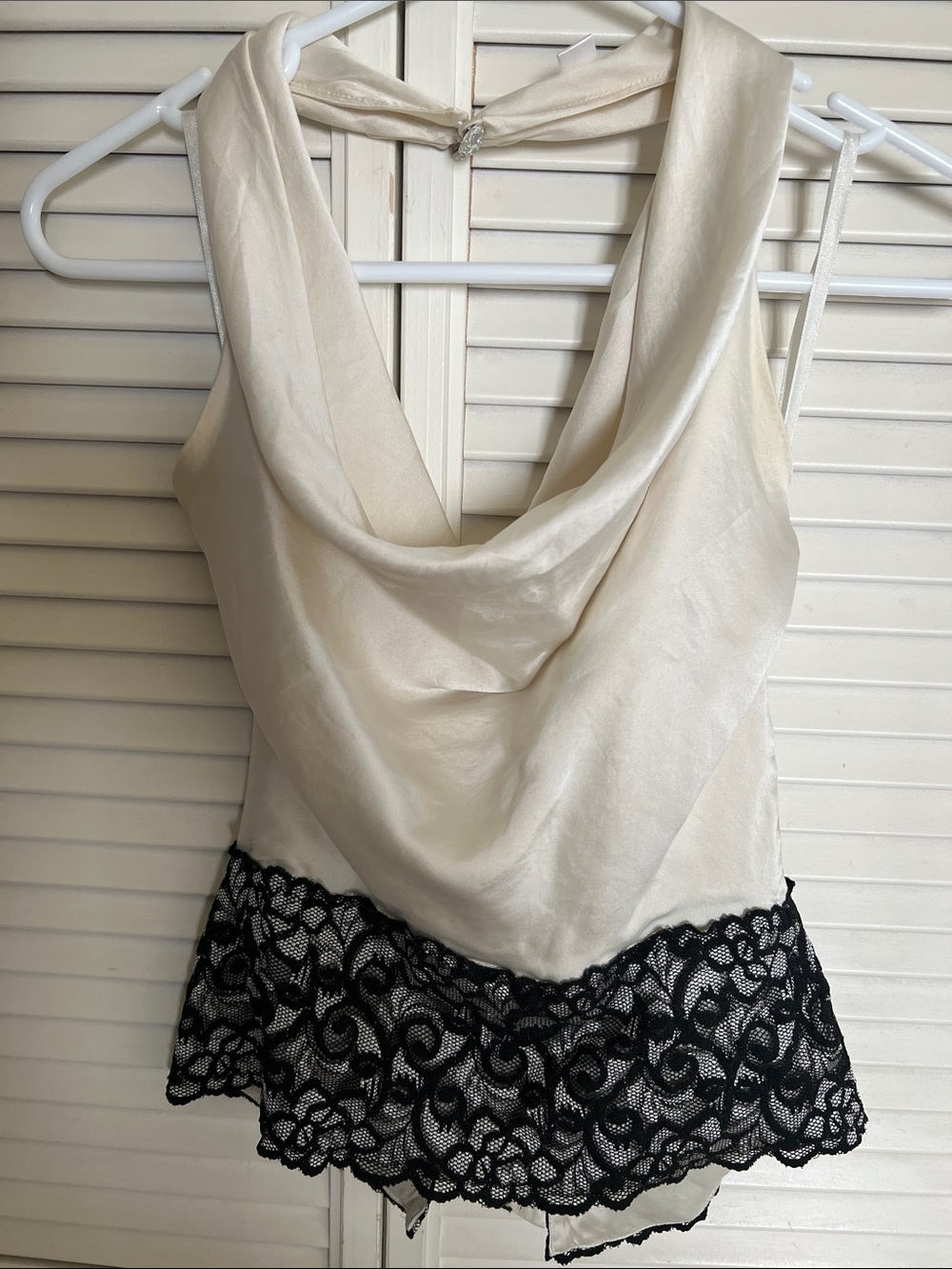 White House Black Market Ivory Cowl-Neck Camisole with Black Lace Trim